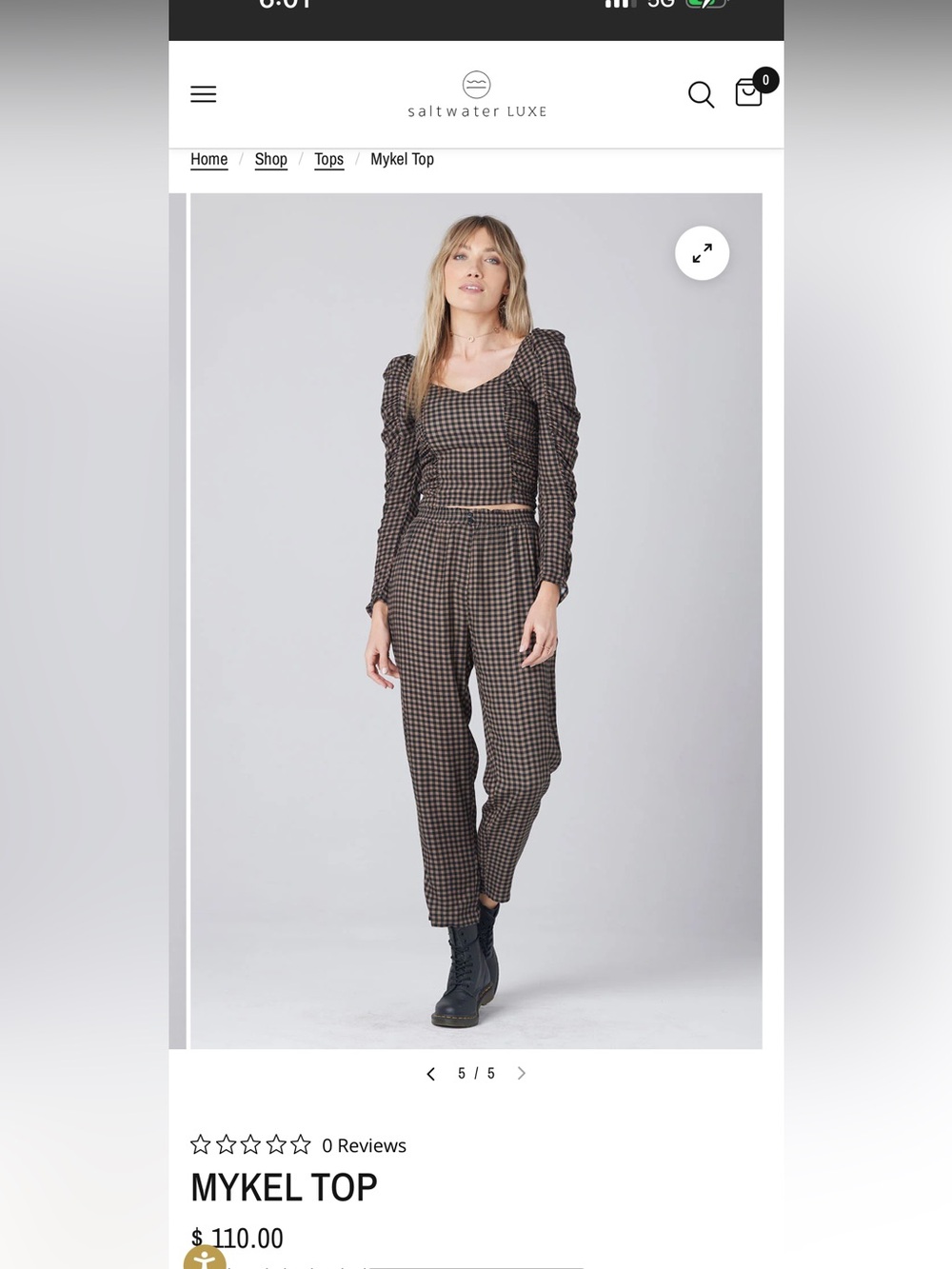 Gingham Long-Sleeve Crop Top - Brown/Black - Picture 4 of 5